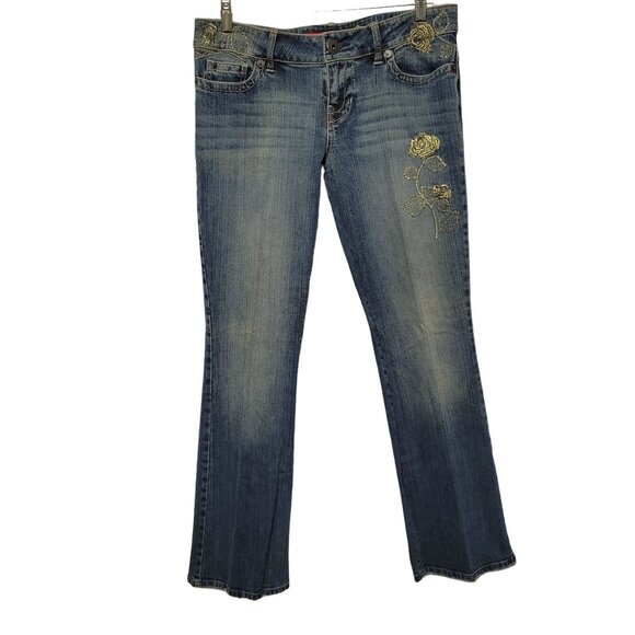 Guess Denim - Guess Womens Size 32 Jeans Denim Embroidered Gold Roses Bootcut Factory Fade